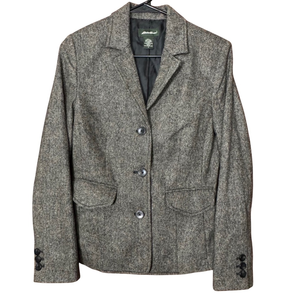 Eddie‎ Bauer Women's Tweed Wool Blend Blazer Brown Tan Sz 2 Academia Equestrian